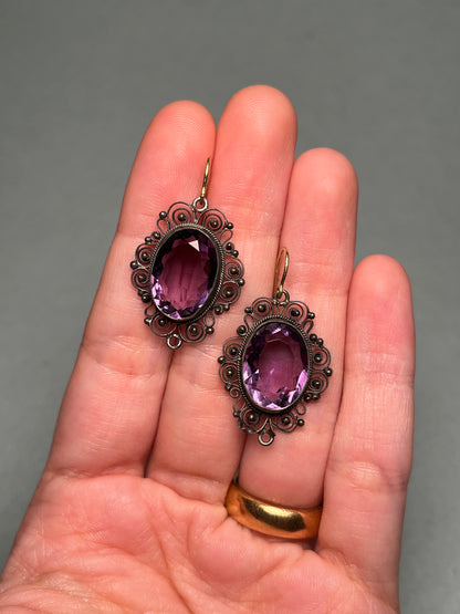 Vintage Silver Filigree Earrings with Large Amethysts, on 18K Gold Wires