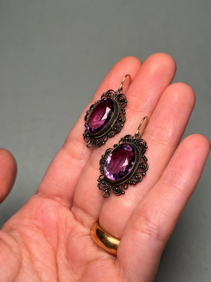 Vintage Silver Filigree Earrings with Large Amethysts, on 18K Gold Wires