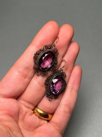 Vintage Silver Filigree Earrings with Large Amethysts, on 18K Gold Wires