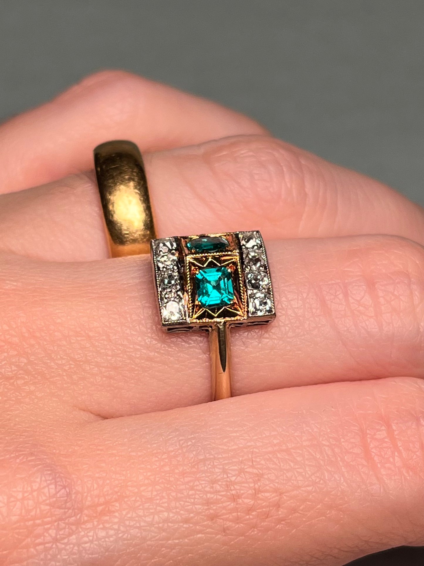 Platinum and 14K Diamond and Emerald Ring