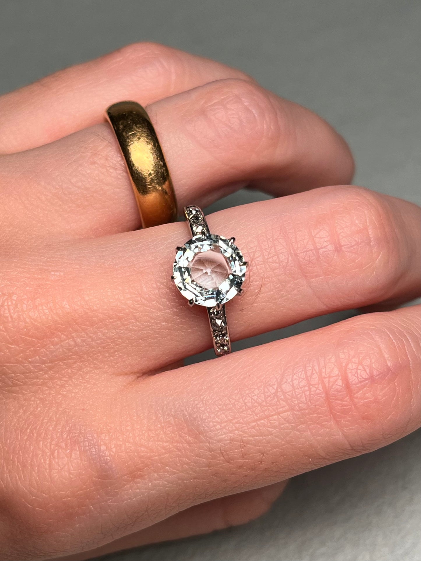 Antique Platinum, Old Mine Cut Diamond and Aquamarine Ring