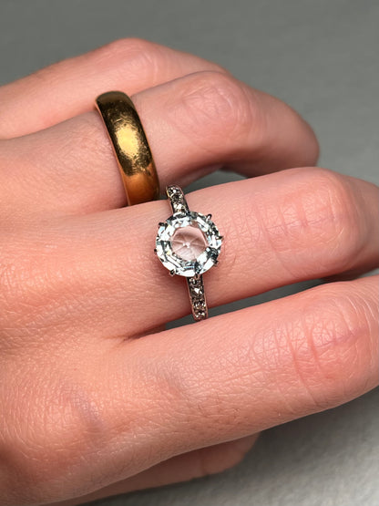 Antique Platinum, Old Mine Cut Diamond and Aquamarine Ring