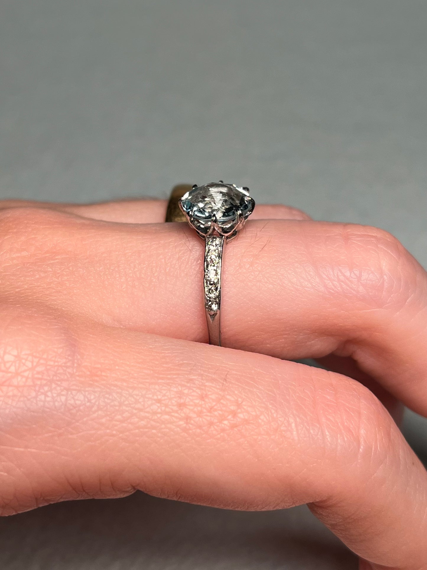 Antique Platinum, Old Mine Cut Diamond and Aquamarine Ring