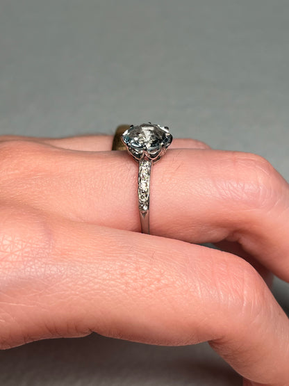 Antique Platinum, Old Mine Cut Diamond and Aquamarine Ring