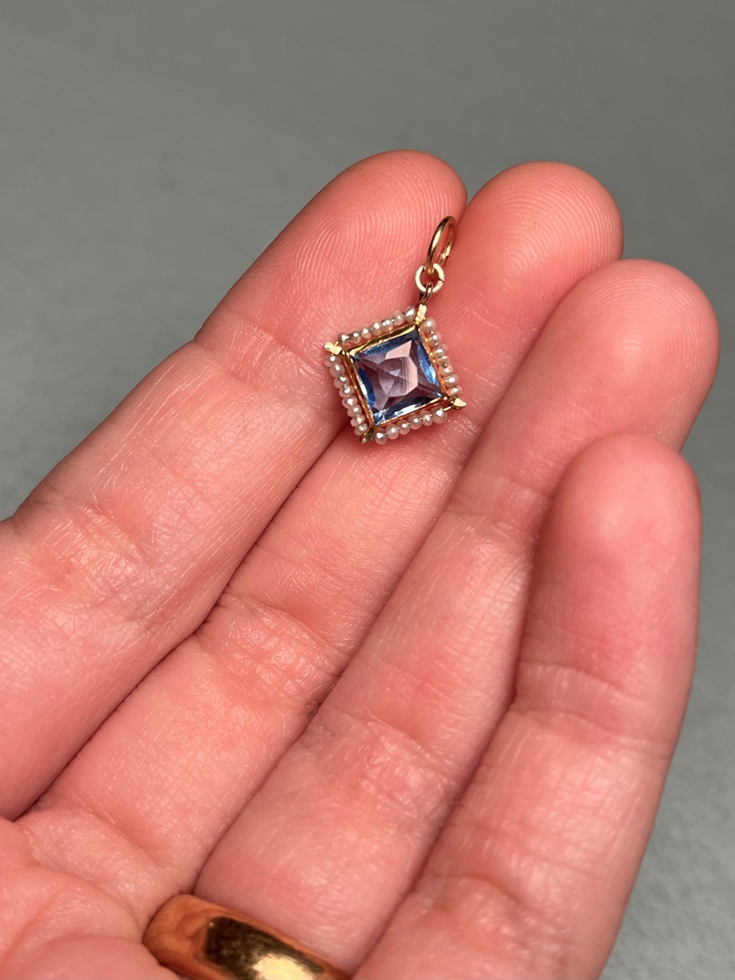 Antique 10K Gold, Synthetic Sapphire and Natural Seed Pearl Charm