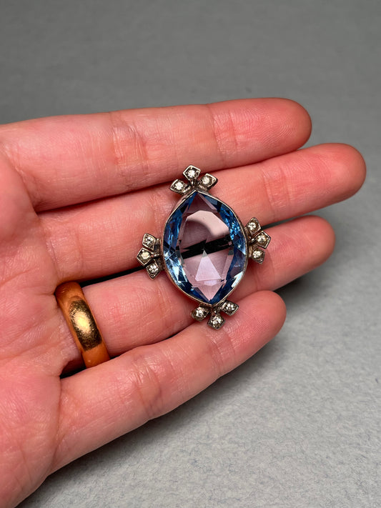 Art Deco Blue and White Paste and Sterling Brooch