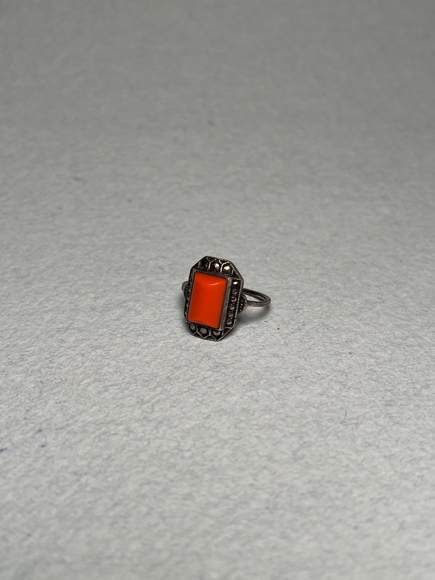 Antique Sterling, Coral and Marcasite Art Deco Ring