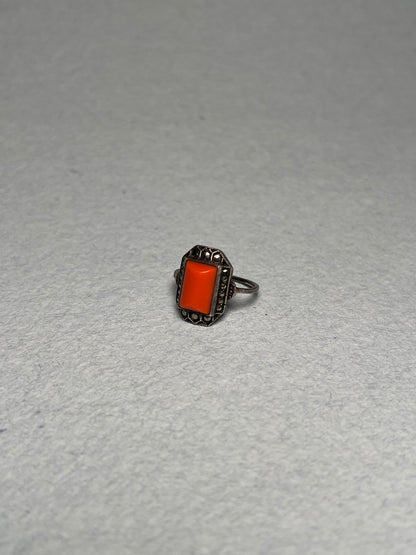 Antique Sterling, Coral and Marcasite Art Deco Ring