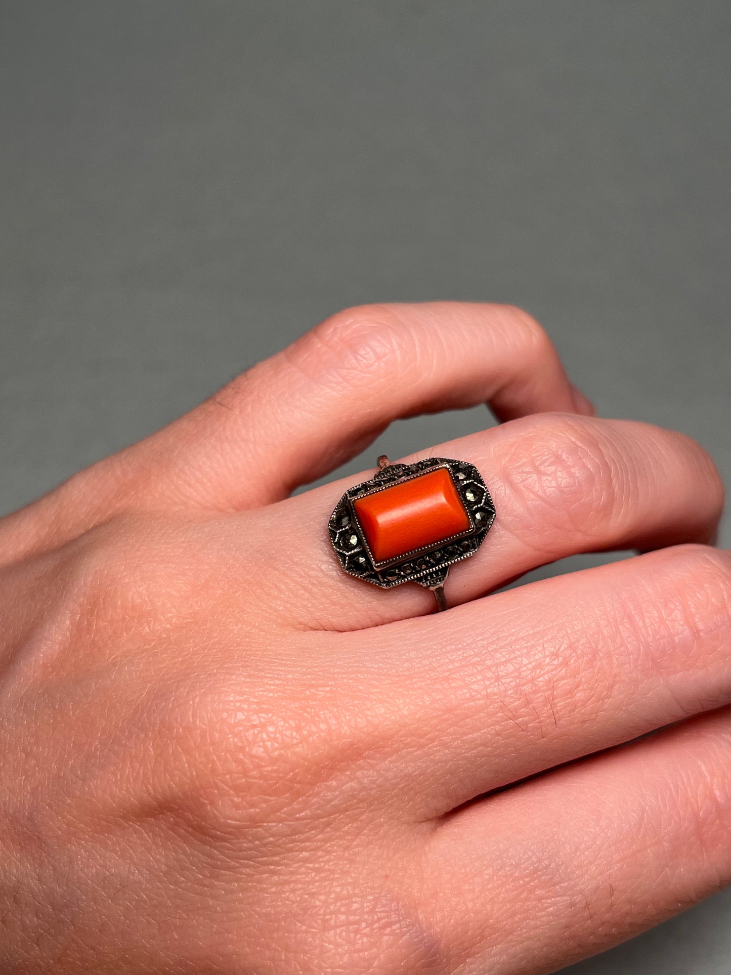 Antique Sterling, Coral and Marcasite Art Deco Ring