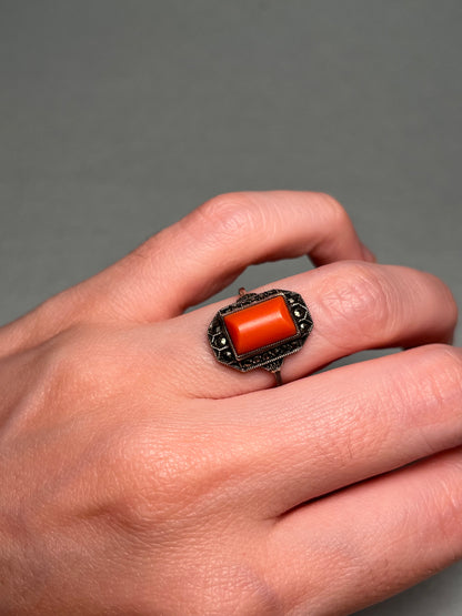 Antique Sterling, Coral and Marcasite Art Deco Ring