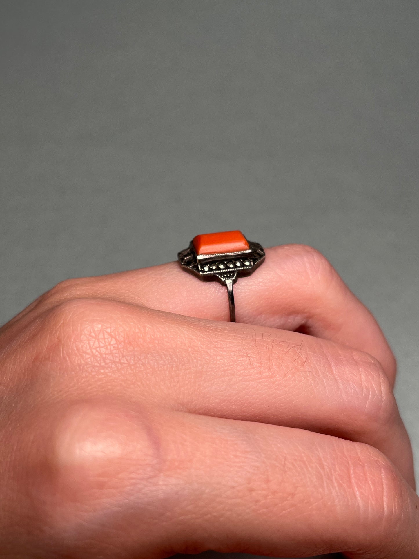 Antique Sterling, Coral and Marcasite Art Deco Ring