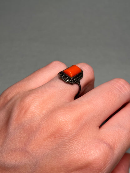 Antique Sterling, Coral and Marcasite Art Deco Ring