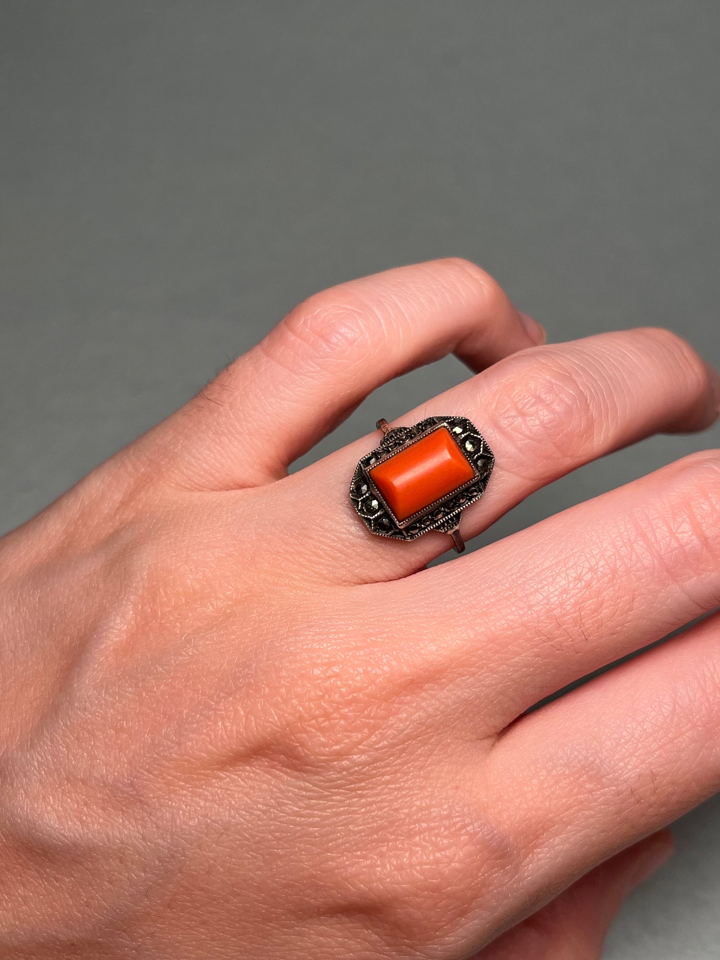 Antique Sterling, Coral and Marcasite Art Deco Ring