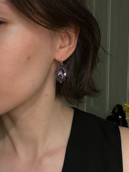 Vintage Silver Filigree Earrings with Large Amethysts, on 18K Gold Wires