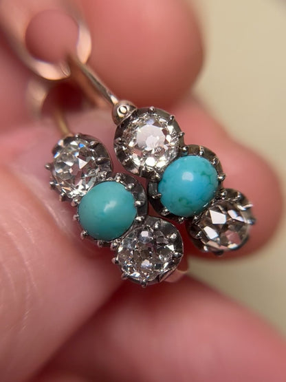 Georgian Collet Poissarde Hoop Earrings with Old Mine Cut Diamonds and Turquoise