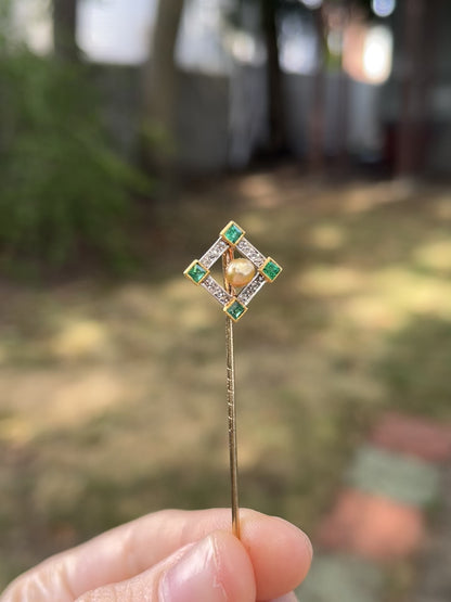 Antique Art Deco Stickpin in 14K and Platinum with Emeralds, Diamonds and Untested Pearl