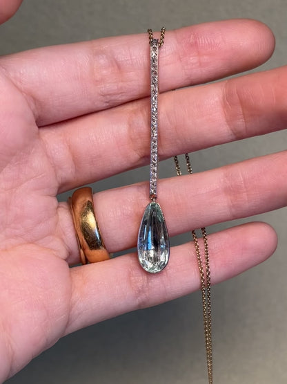 Rose Cut Diamond and Antique 4 Carat Aquamarine Drop Pendant in Platinum, 18K and 14K