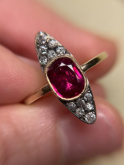 Antique ~2 Carat Ruby and Old Mine Cut Diamond Navette Ring