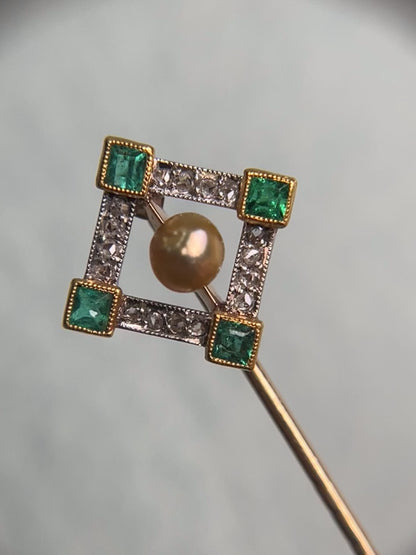 Antique Art Deco Stickpin in 14K and Platinum with Emeralds, Diamonds and Untested Pearl