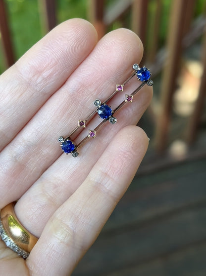 Antique Blue Doublet, Ruby and Diamond Brooch