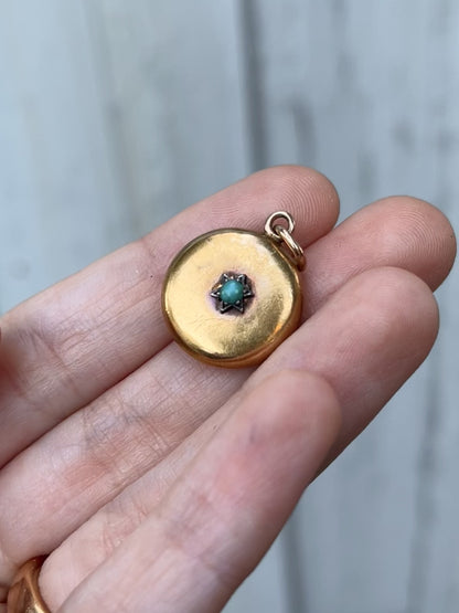 Antique Victorian 15K Gold, Silver and Turquoise Locket Pendant with Pink Silk