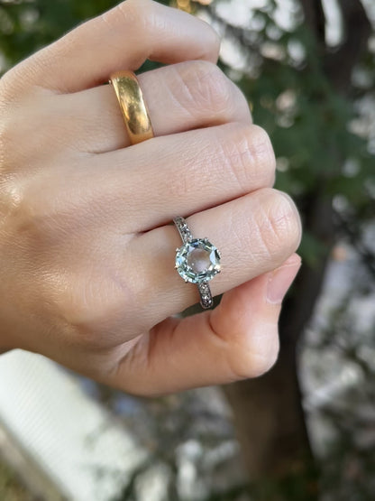 Antique Platinum, Old Mine Cut Diamond and Aquamarine Ring