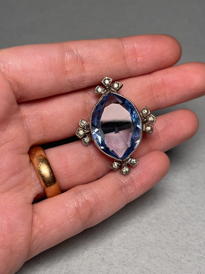 Art Deco Blue and White Paste and Sterling Brooch