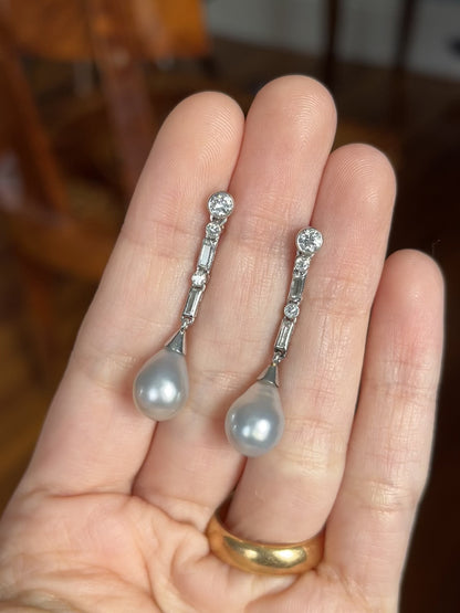 Art Deco Platinum, Pearl and Diamond Drop Earrings