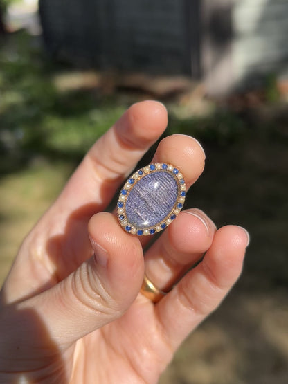 Georgian Navette Brooch with Rose-Cut Sapphires, Seed Pearls and Silk with Monogram "MG"