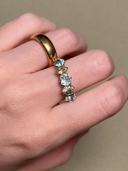 Antique Five Stone Ring with Old Cut Aquamarine and Chrysoberyl