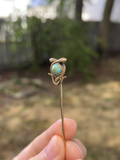 Antique Handmade 14K and Turquoise Snake Stickpin