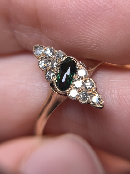Antique 10K Diamond and Tourmaline Navette Ring