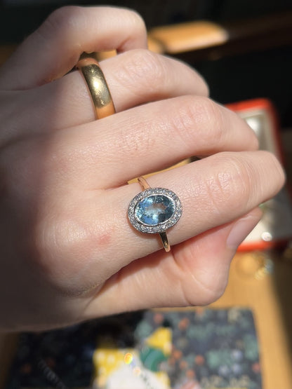 Vintage Aquamarine and Diamond Halo Ring in 14K and Platinum