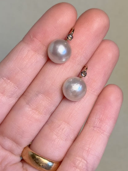 Antique Mabe Pearl and Rose Cut Diamond Drop Earrings