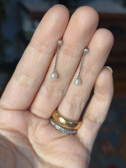 Antique 10K/Platinum Old Cut Diamond and Pearl Drop Earrings