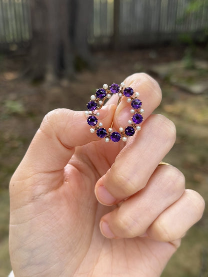 Antique 14K, Amethyst and Seed Pearl Wreath Brooch