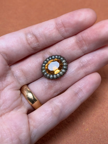 Antique Georgian Topaz Paste with Seed Pearl Halo Brooch