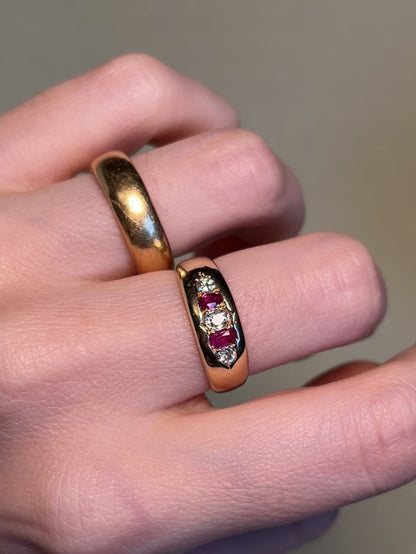 18K Victorian Five Stone Band with Diamonds and Rubies