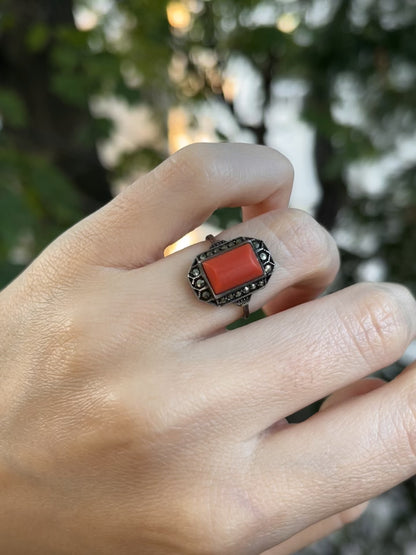 Antique Sterling, Coral and Marcasite Art Deco Ring