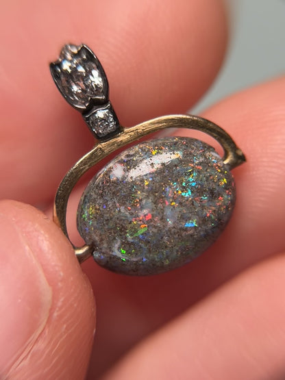 14K and Sterling Antique Pendant with Boulder Opal Bead and Old Cut Diamond Bail