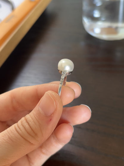 Antique Natural Saltwater Pearl Ring in Platinum with Diamonds