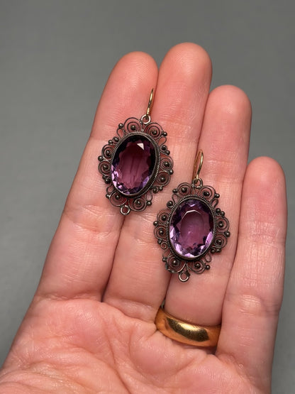 Vintage Silver Filigree Earrings with Large Amethysts, on 18K Gold Wires