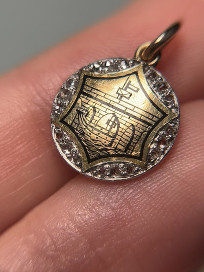 Antique 18K, Platinum, Enamel and Diamond Charm, Venetian Design