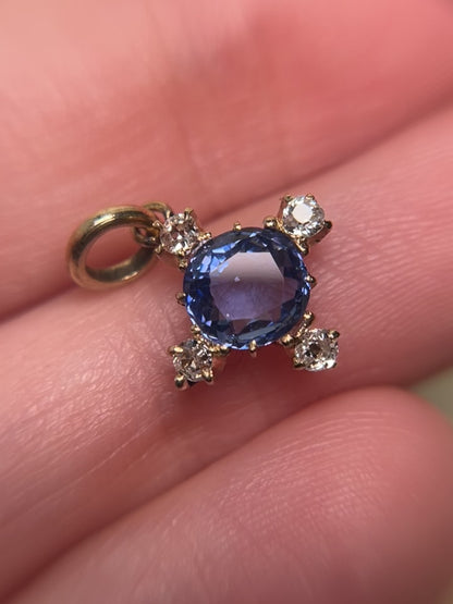 Antique Sapphire and Old Mine Cut Diamond Quatrefoil/Cruciform Charm