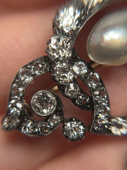 GIA Antique French Victorian Diamond and Natural Pearl Tiara Component Brooch