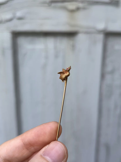 Antique 14K Gold Duckling Stick Pin with Ruby Eye and Bloomed Finish